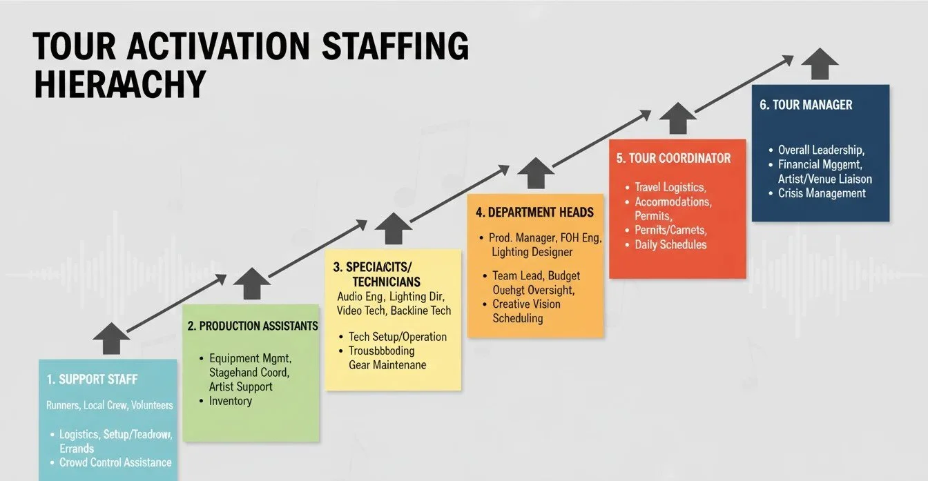 Visual chart showing the six-tier tour activation staffing hierarchy from support staff to tour manager