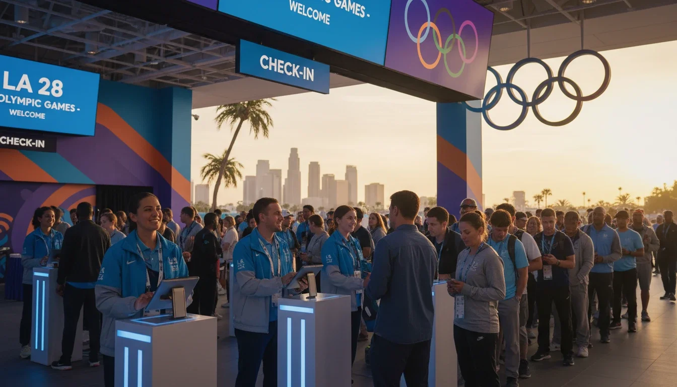Registration and credential check-in staff at a Los Angeles sporting event fan zone