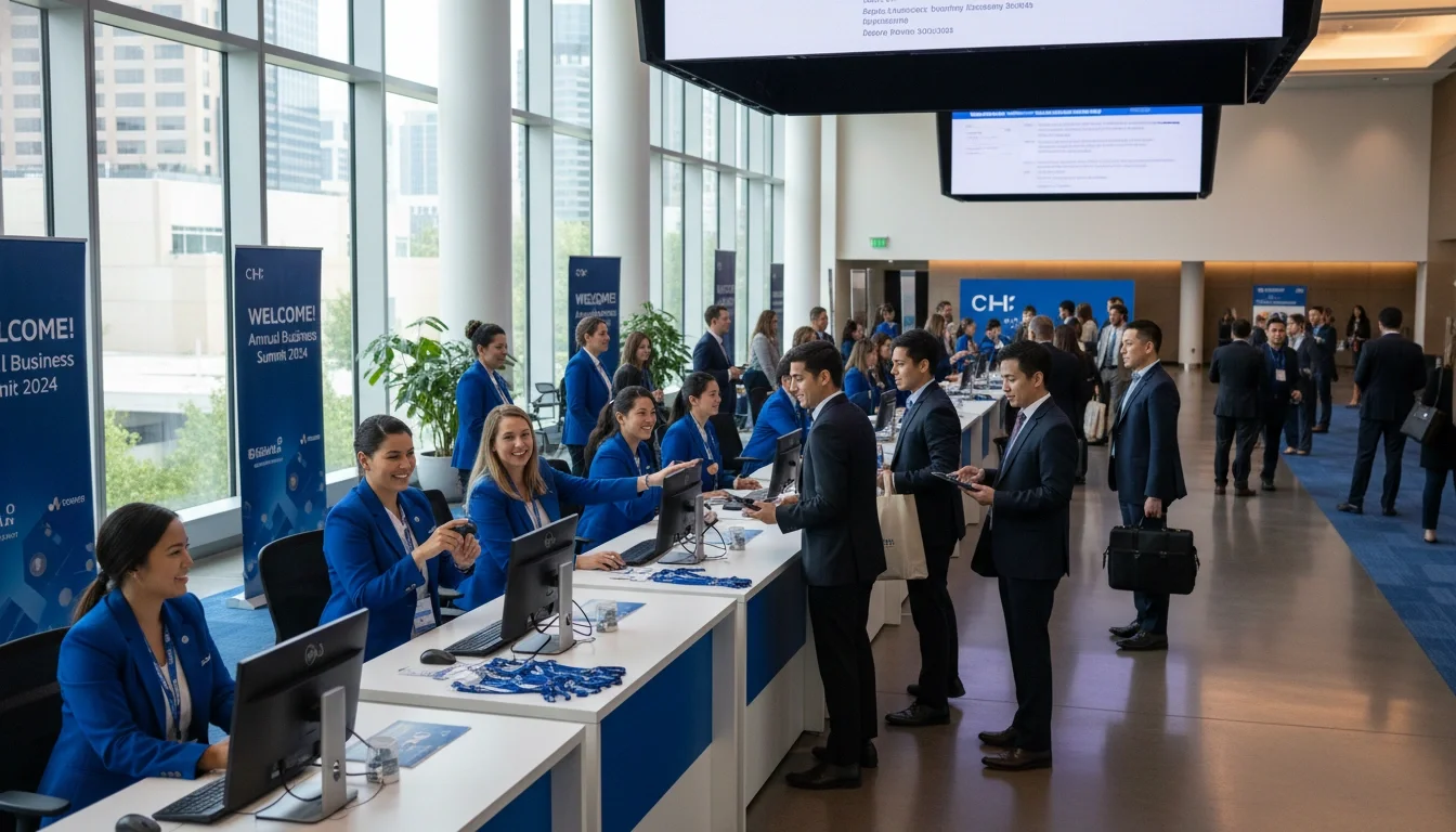 Professional event staff at registration during a corporate conference — the first impression every guest experiences
