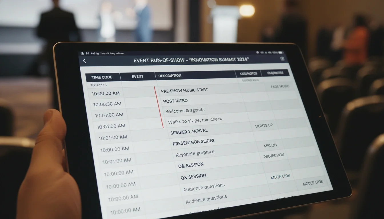 digital run-of-show document on tablet for event production