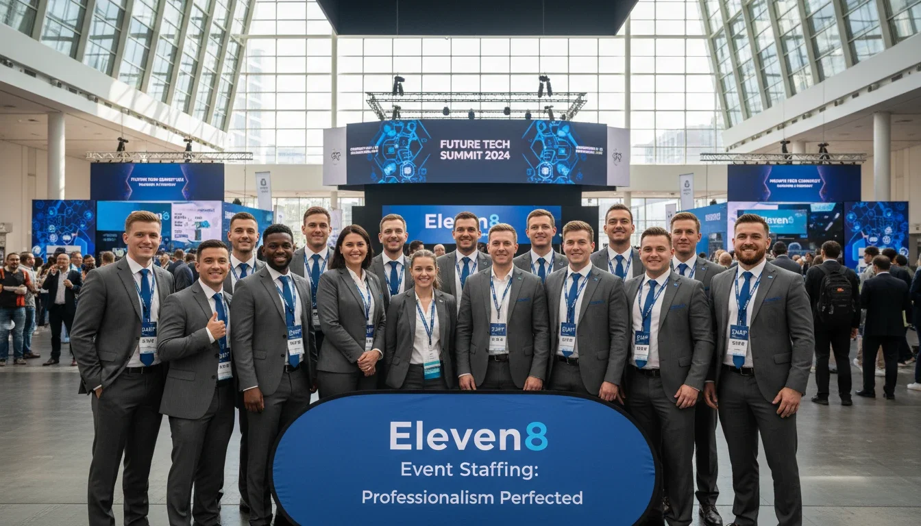 professional event staff team smiling at conference representing premium event staffing agency