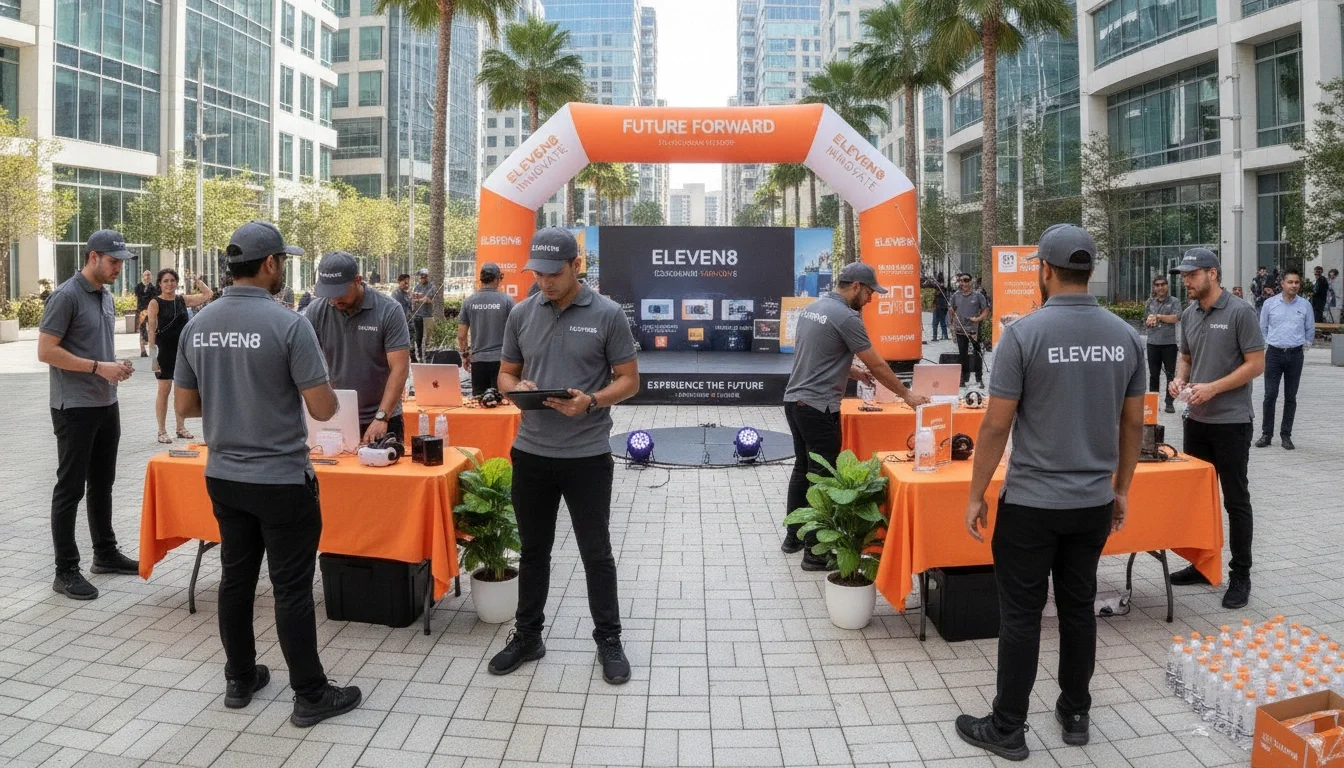 A uniformed Eleven8 event staff team preparing for a brand activation.