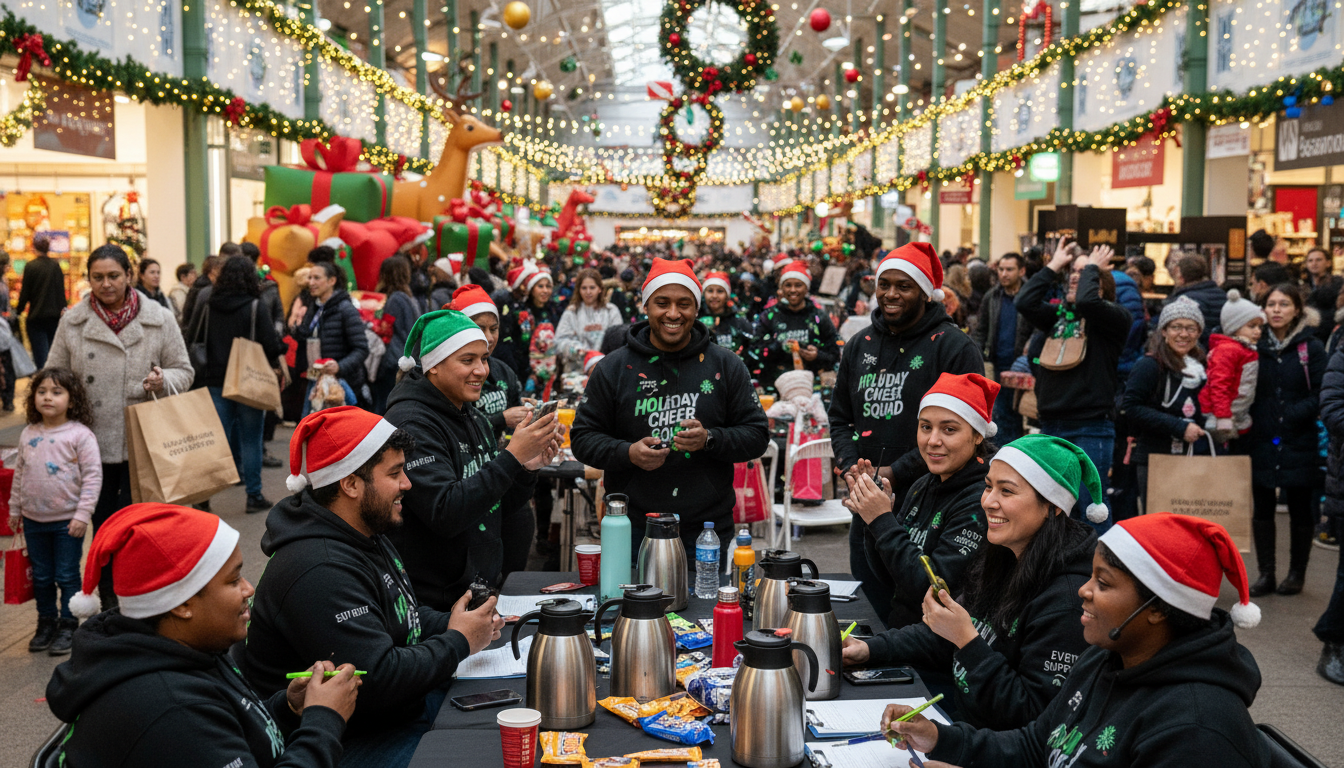 Event staff team staying prepared and energized during a high-volume holiday activation