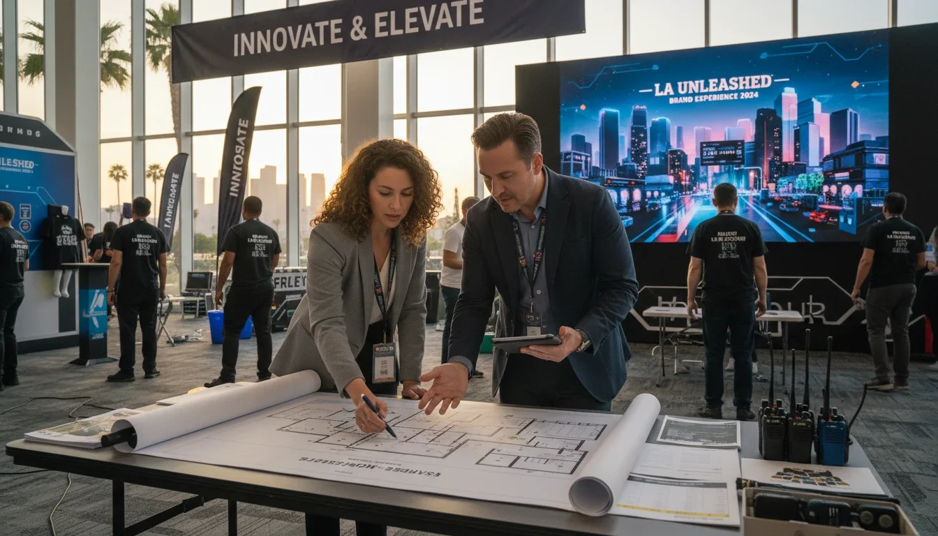 event planner budgeting with staffing coordinator at Los Angeles brand activation