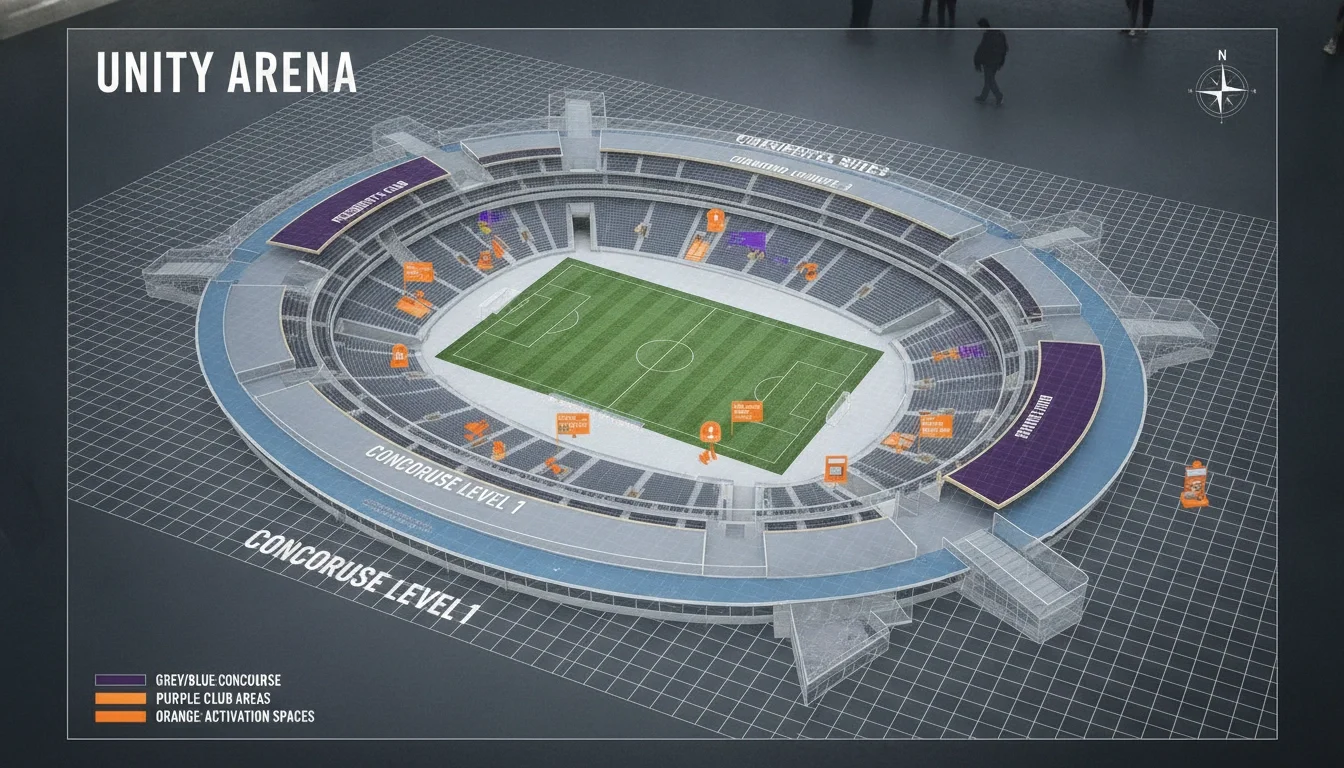 Stadium venue zone map highlighting concourse levels, club areas, and activation spaces