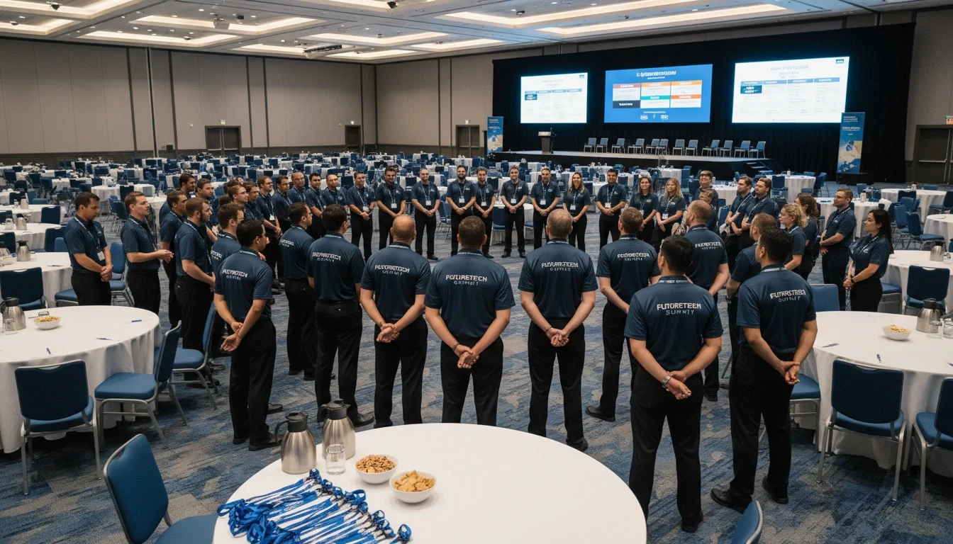 Event staff receiving a pre-show briefing before a major conference