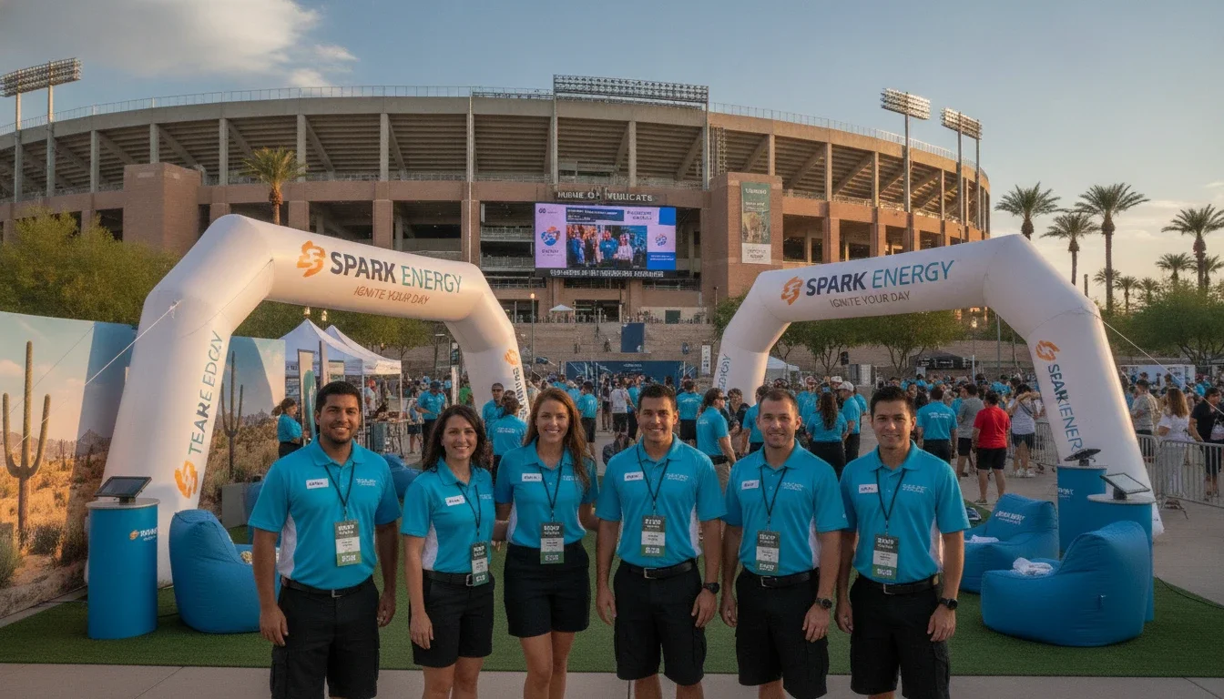 A brand activation team of event staff in uniform positioned at an outdoor sponsor footprint at a large stadium venue in Arizona