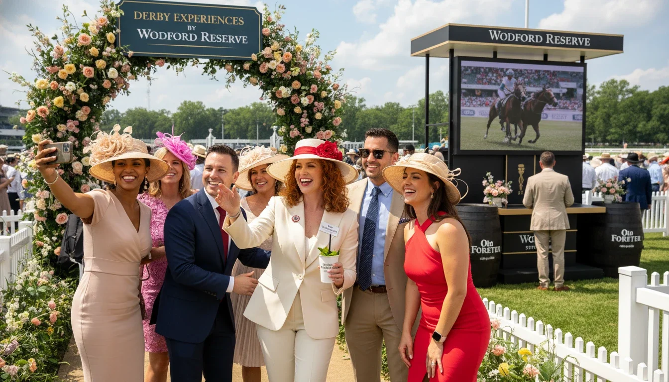 Professional brand ambassador engaging with guests in the Kentucky Derby grounds near sponsor activations