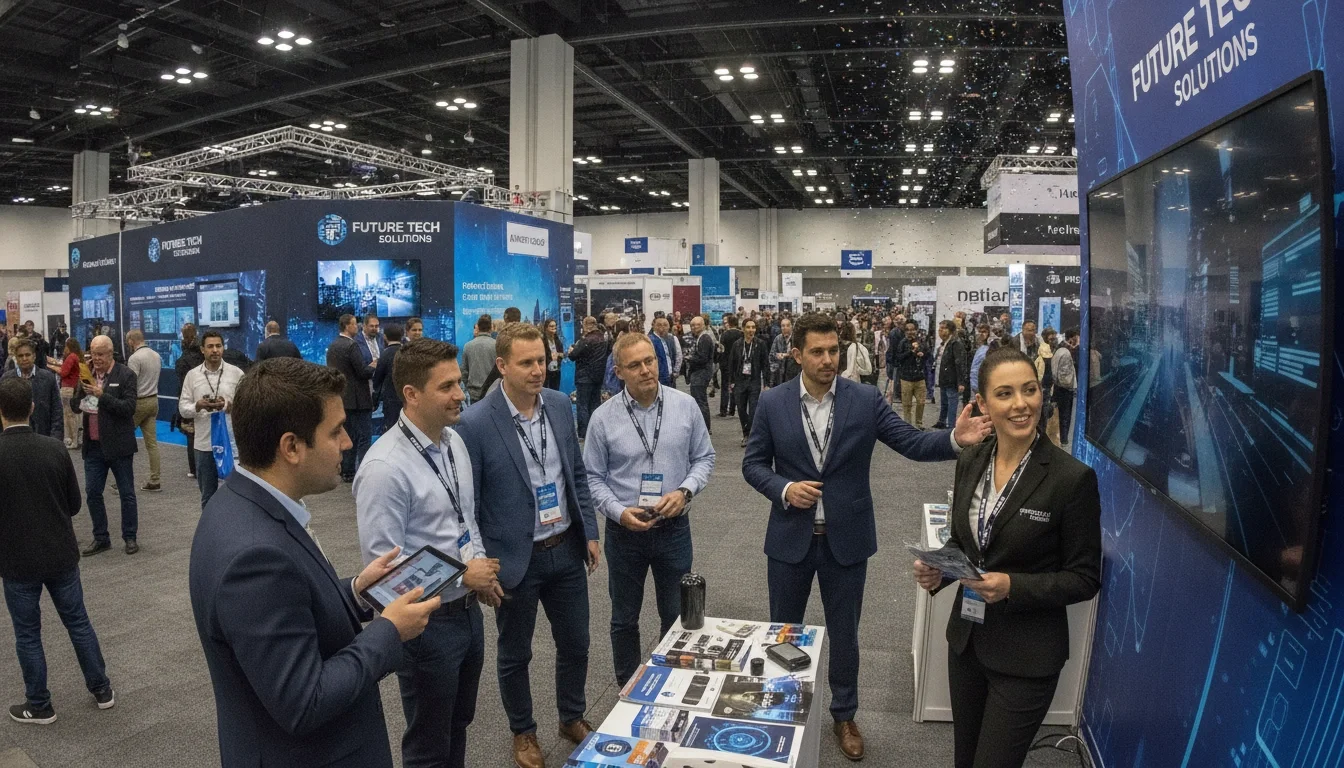 Professional brand ambassadors engaging with attendees at a busy trade show