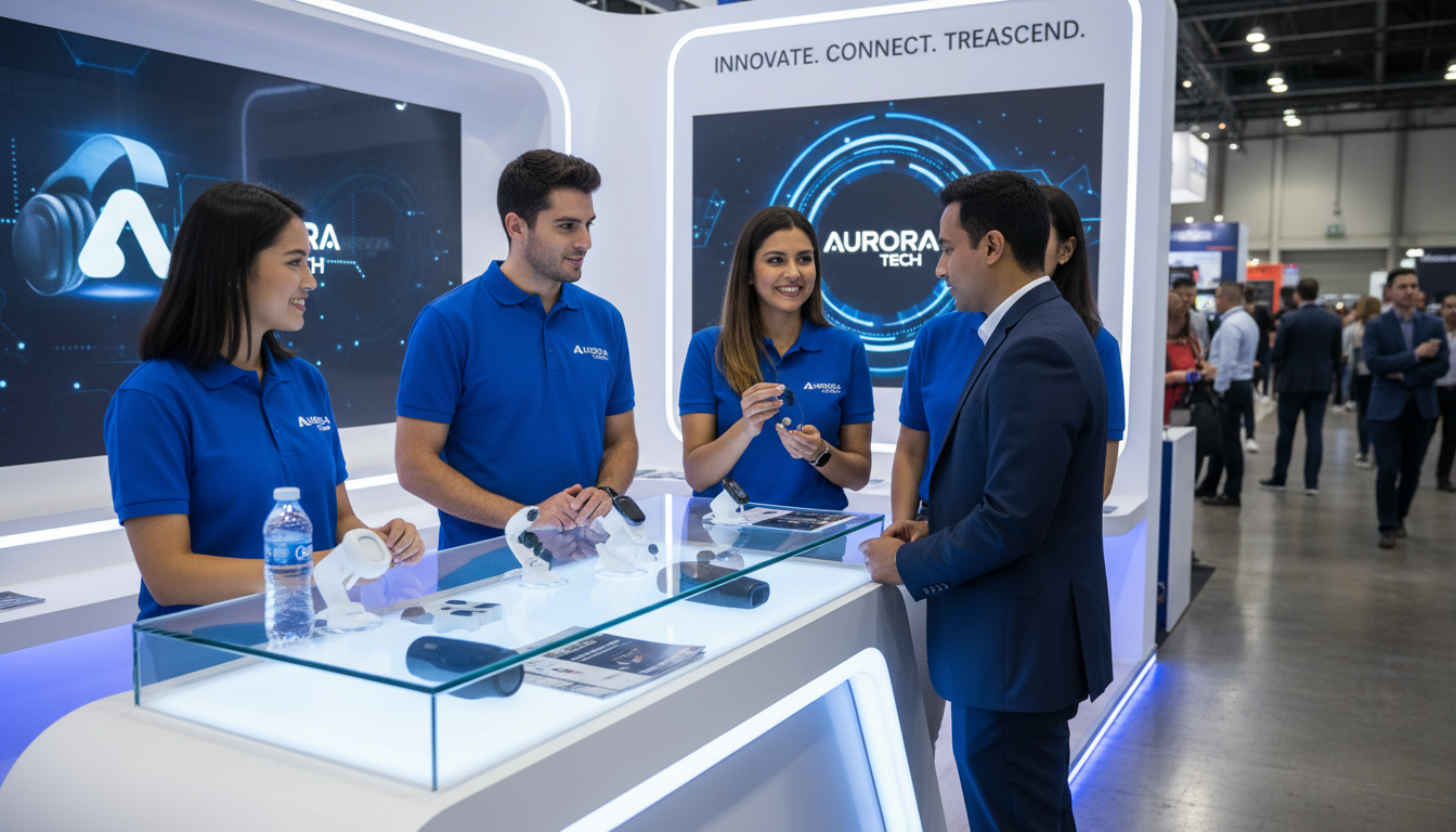 Brand ambassador staff at a trade show booth representing a consumer brand