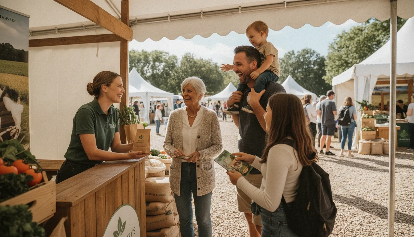 A brand ambassador at an outdoor fair booth is having a genuine conversation with a multi-generational family group