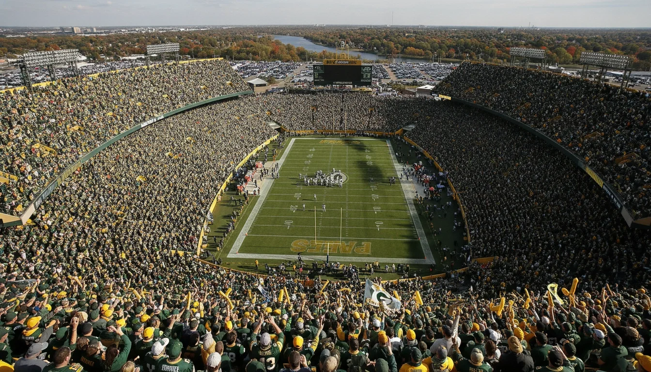 Aerial view of Lambeau Field on a Packers game day, packed with fans in green and gold