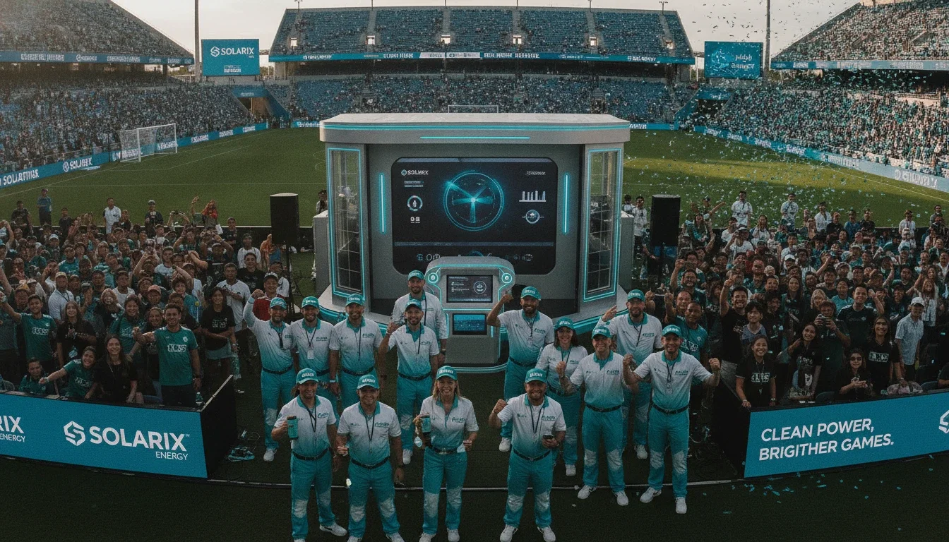 Professional brand ambassadors in matching uniforms engaging fans at a stadium brand activation event