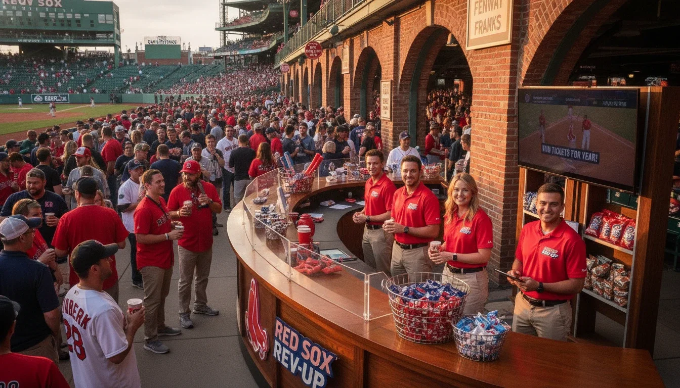 A brand activation setup along the Fenway Park concourse with staff in branded uniforms engaging fans before first pitch