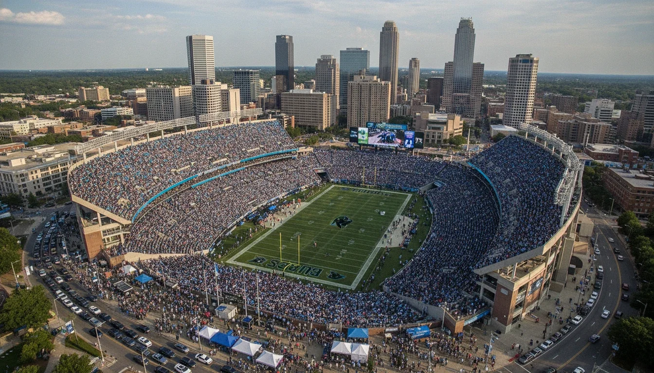 Aerial view of Bank of America Stadium in uptown Charlotte, North Carolina, on a busy game day