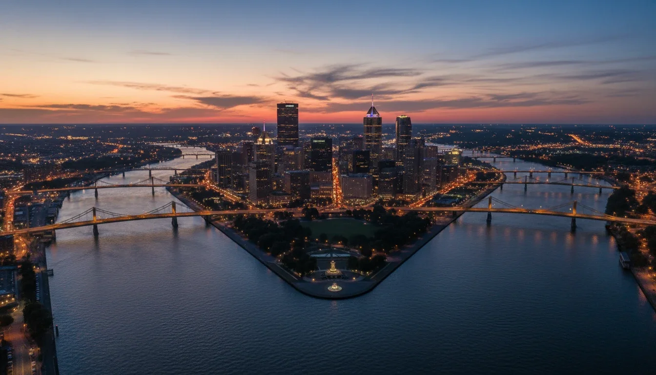 Aerial view of Pittsburgh's Golden Triangle at dusk with bridges lit over three rivers