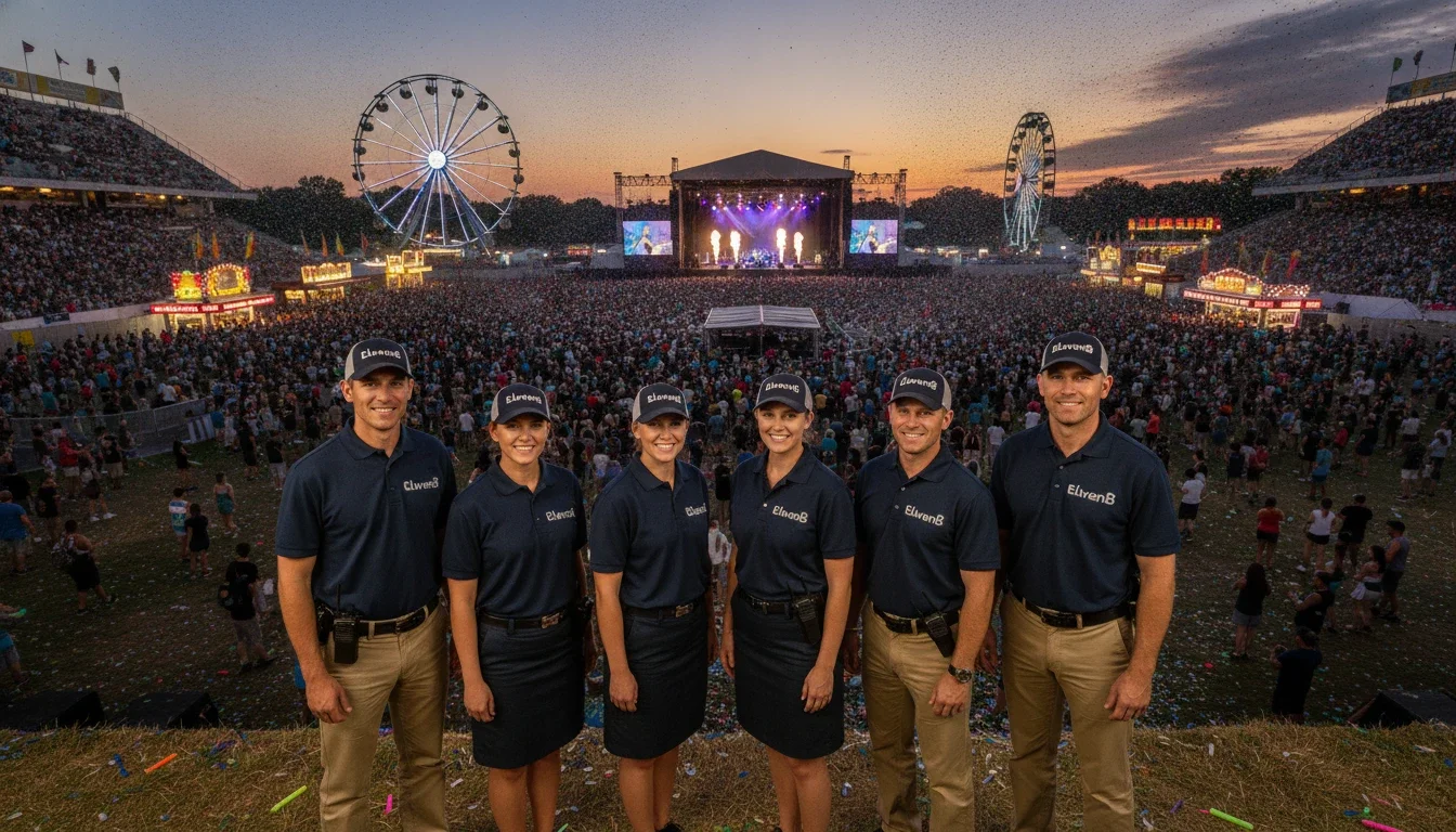 Professional Eleven8 event staff team in uniform at a large outdoor venue with fair-style crowds in the background