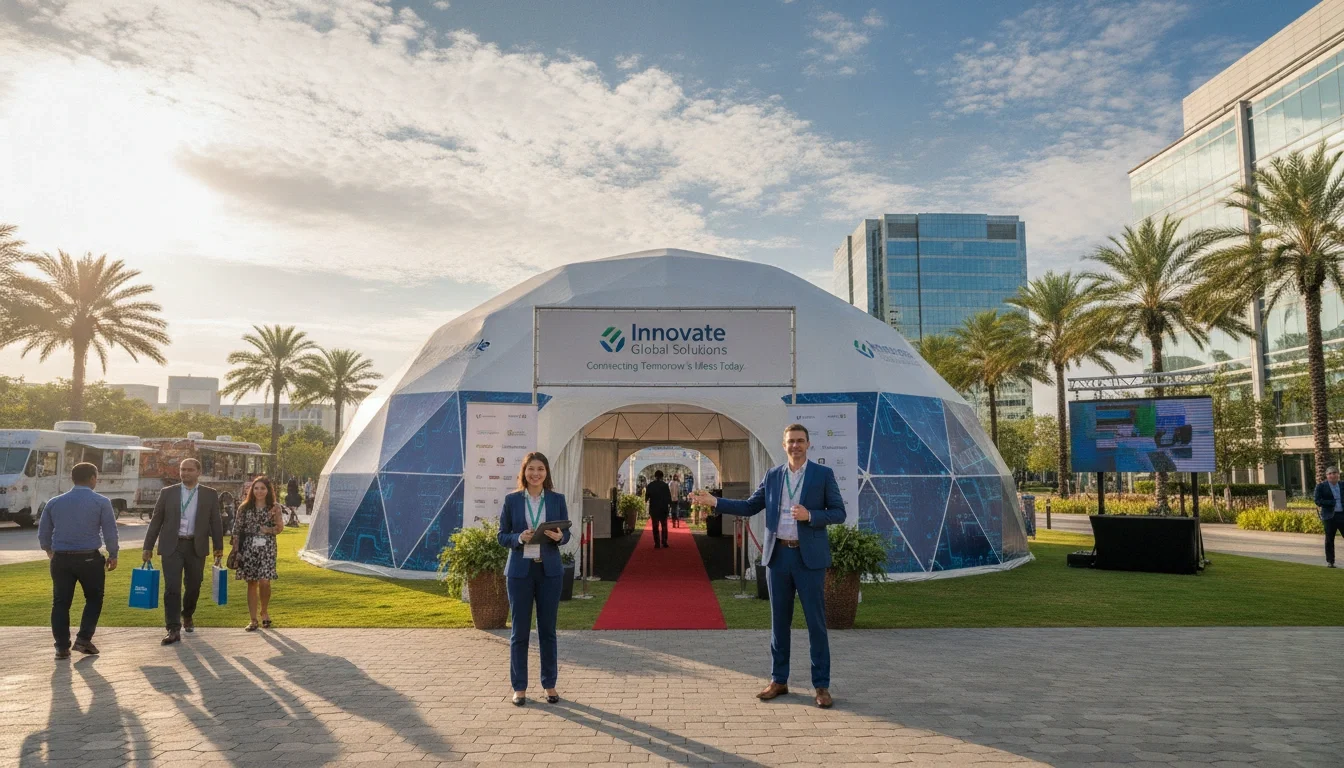 A branded corporate event tent on a sunny day with professional event staff welcoming guests