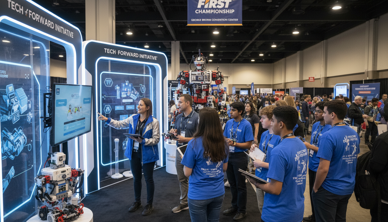 Brand ambassadors engaging with students and mentors at a sponsor activation inside the George R. Brown Convention Center during FIRST Championship