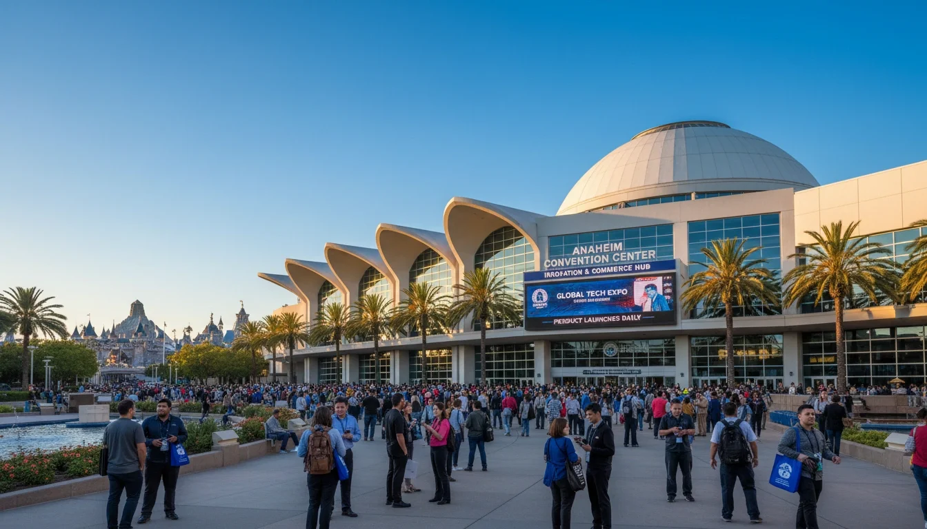 Aerial exterior view of the Anaheim Convention Center in Orange County California