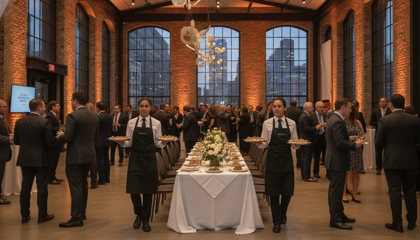Professional hospitality staff serving guests at a corporate event inside a Chicago venue
