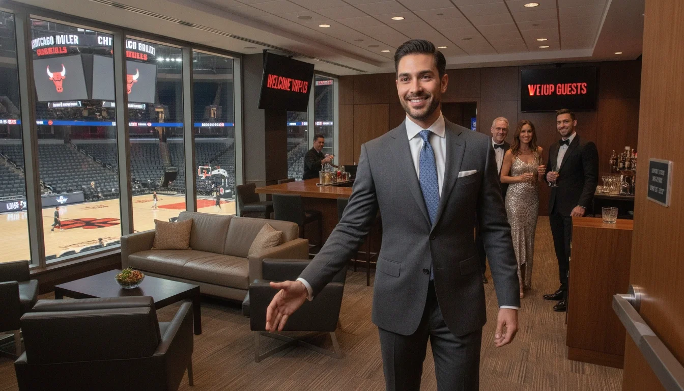 Professional event host welcoming VIP guests at a Chicago United Center premium suite event