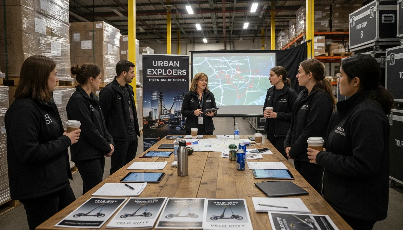 Brand ambassadors and event staff preparing for a tour activation stop at an outdoor experiential marketing event