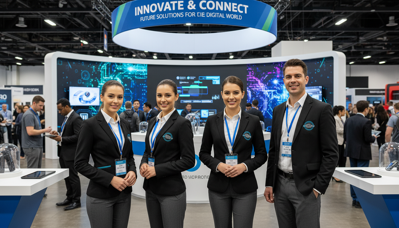 Event staff in coordinated branded uniforms at a convention booth