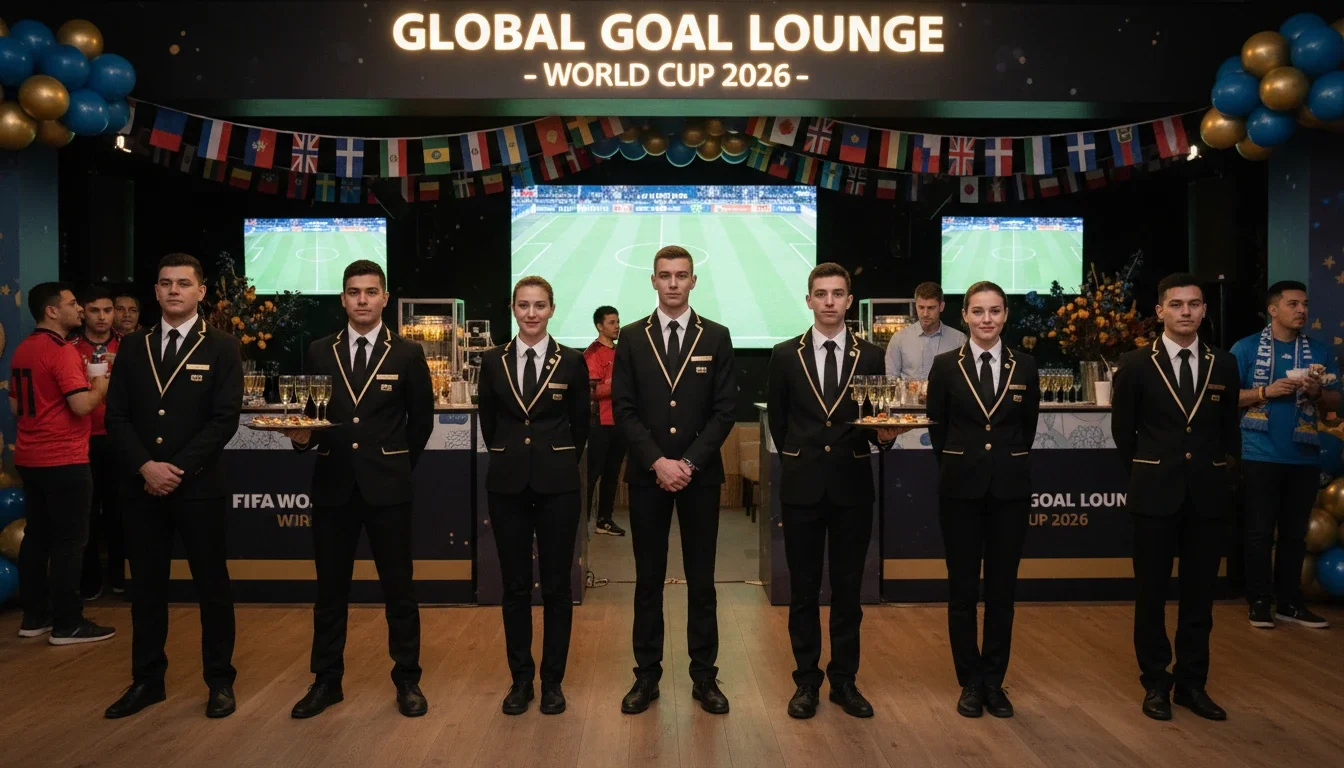 Professional hospitality event staff in uniform ready to serve at a FIFA World Cup watch party venue