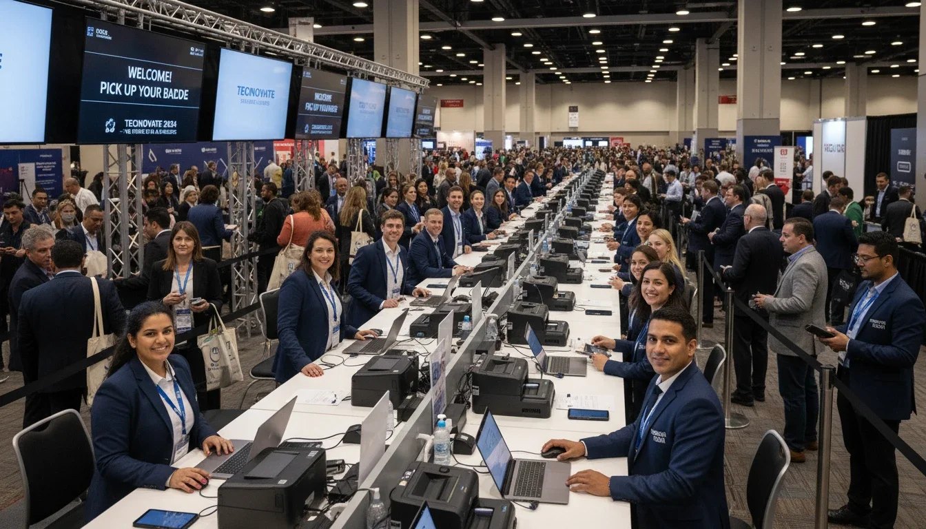 Event staff managing convention registration and check-in at a large multi-day expo