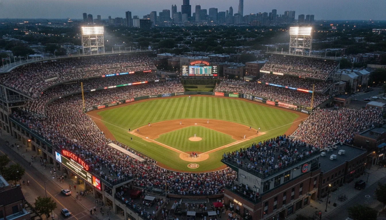 Aerial view of Wrigley Field on a sold-out summer night in Chicago