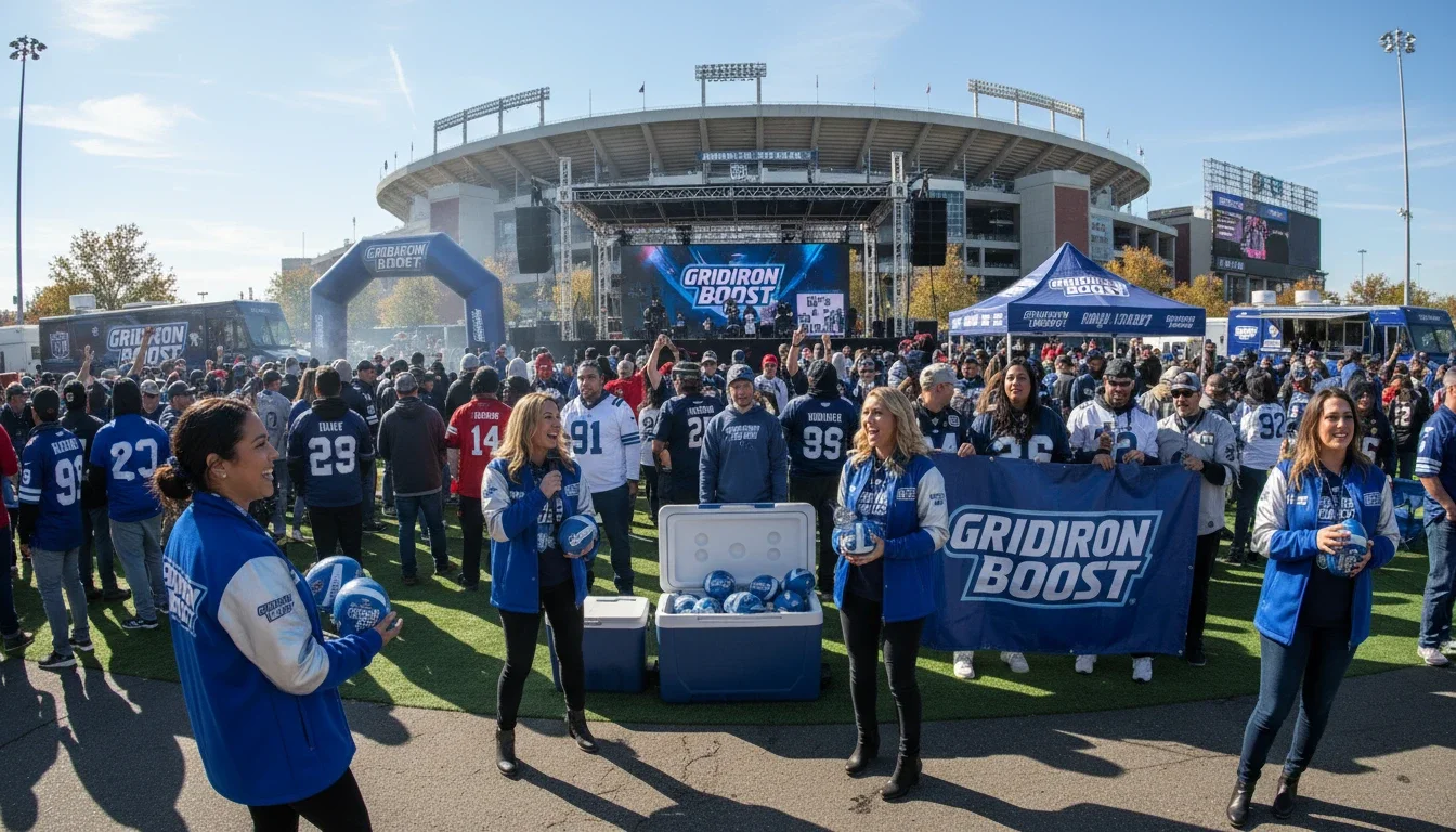 Brand ambassadors engaging fans outside an NFL stadium during a tailgate activation