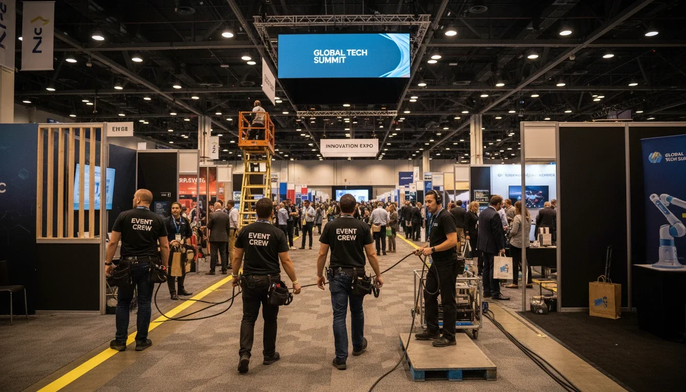 Event production assistants working at a convention and trade show