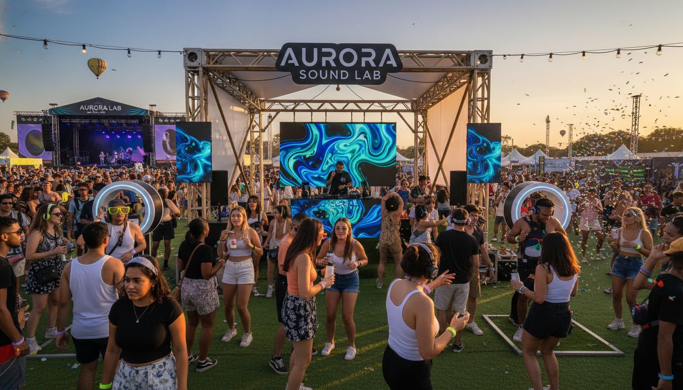 Brand activation booth at an outdoor music festival with engaged attendees