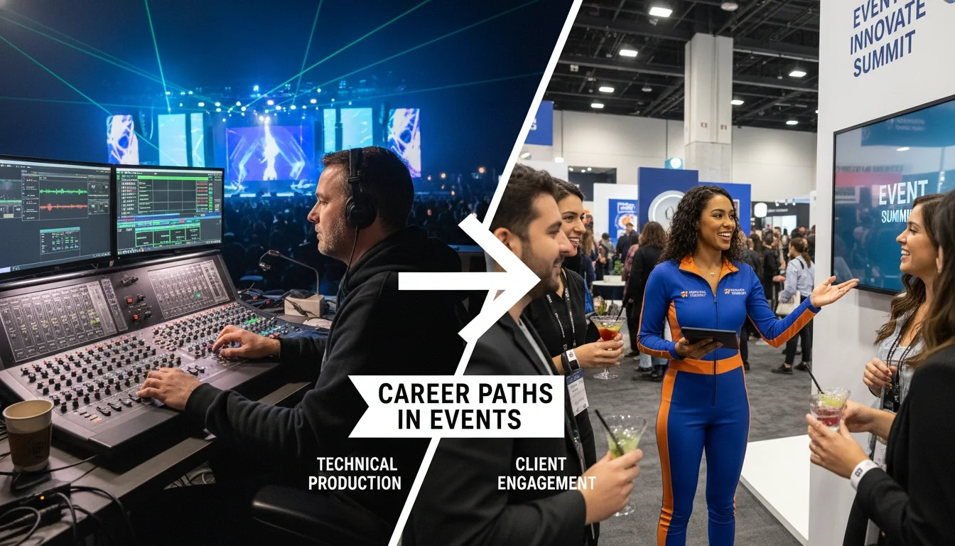 Event production professional at AV console compared to brand ambassador at corporate event