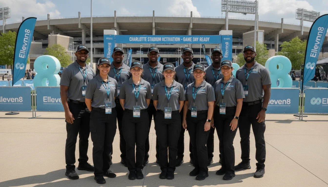 Eleven8 event staff team in professional branded uniforms ready for a Charlotte stadium activation