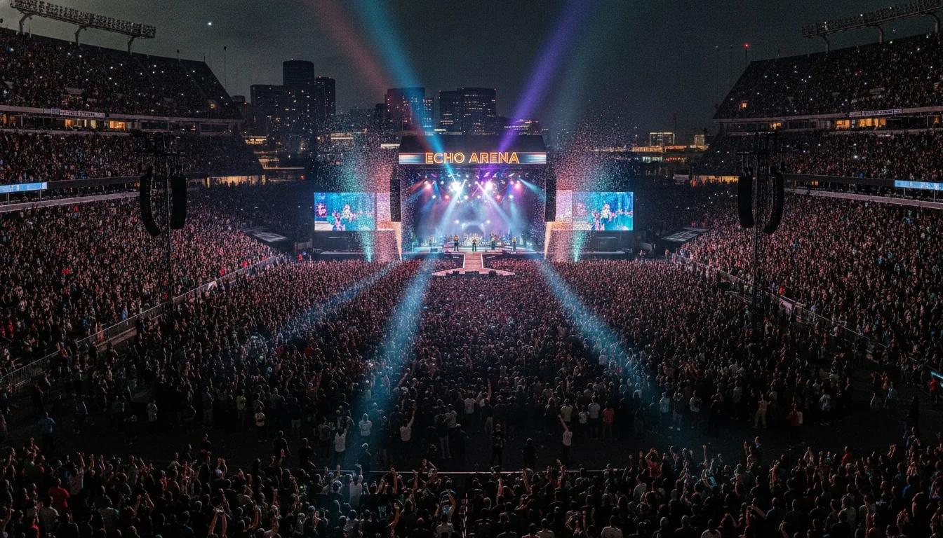 Large outdoor concert at a major NFL stadium with stage lighting and packed crowd.