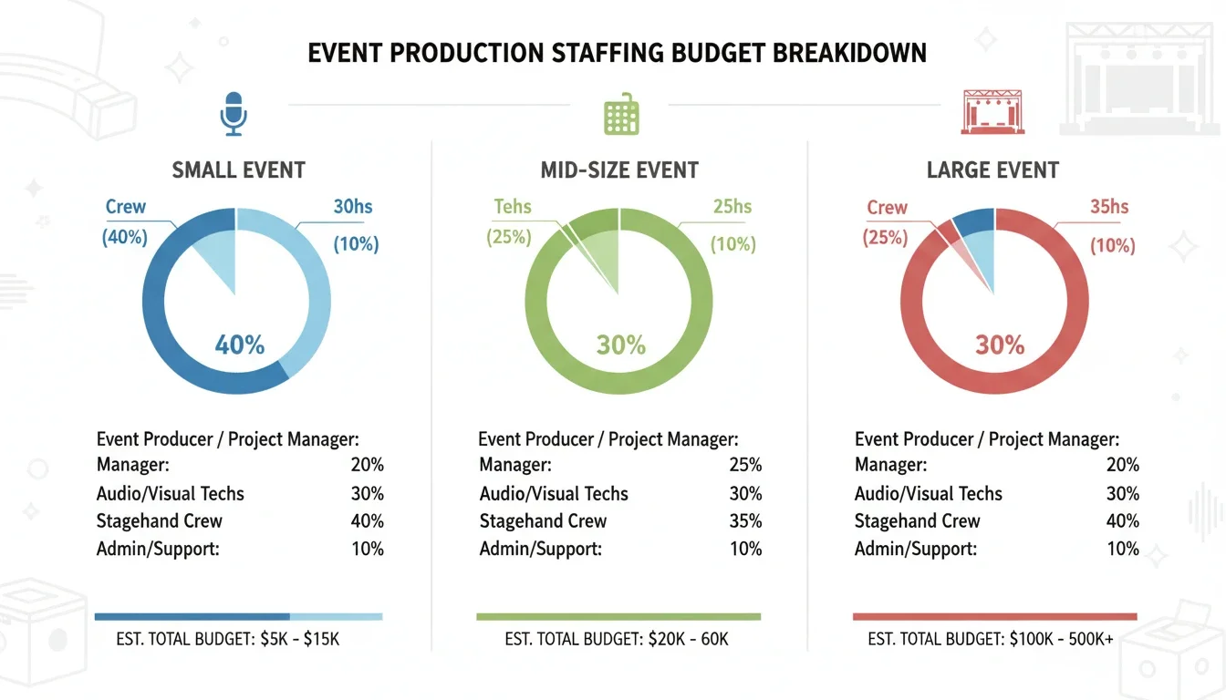 event production staffing budget breakdown by event size infographic