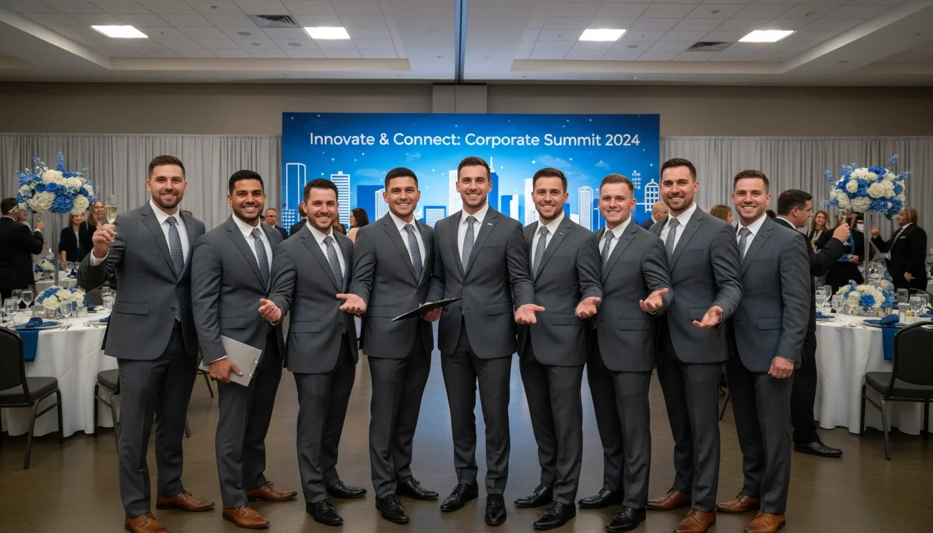 Professional event staff team in Arlington TX smiling at corporate event'