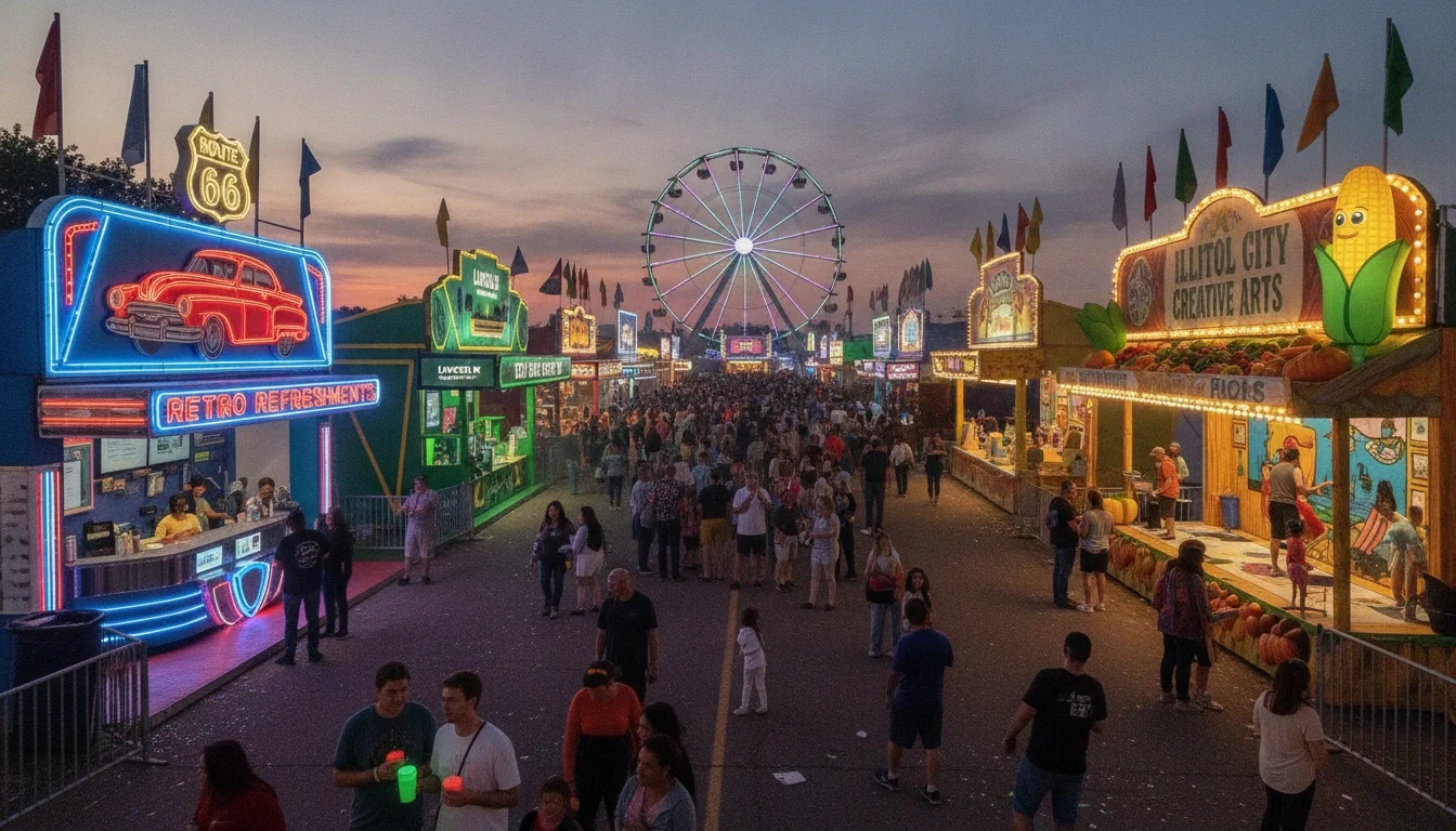 Colorful brand activation booths line a busy fair midway in Springfield Illinois