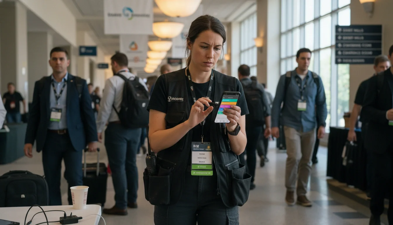 event staff scheduling app on smartphone at convention