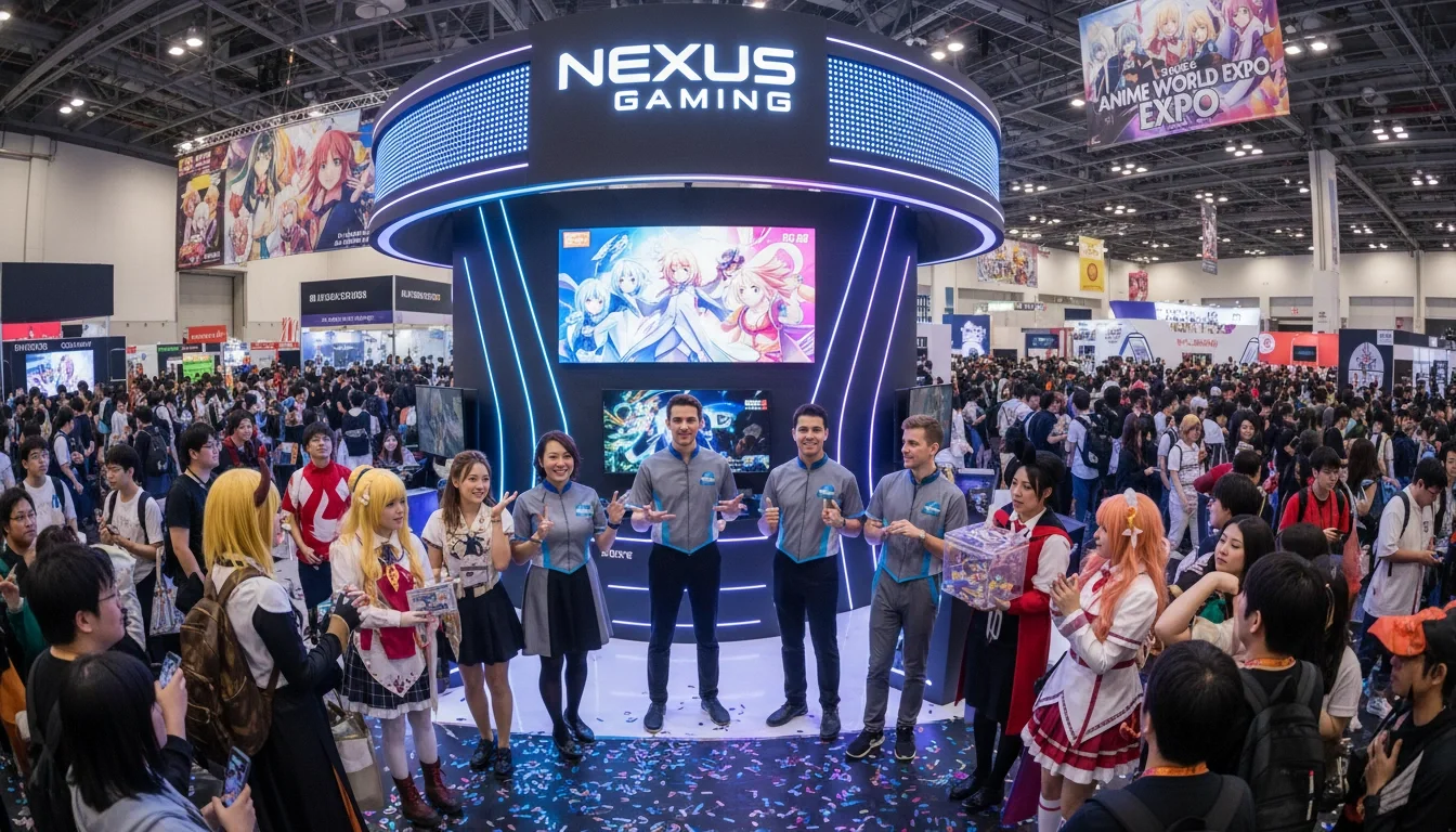 Professional event staff engaging with anime convention attendees at a brand activation booth