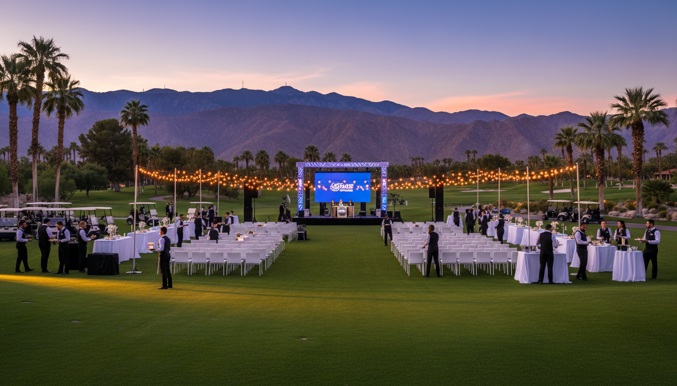 Professionally staffed corporate event setup at a Coachella Valley golf resort with mountain views