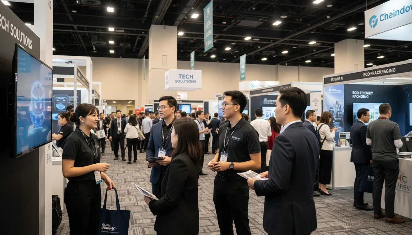 Professional event staff engaging attendees on a busy trade show floor