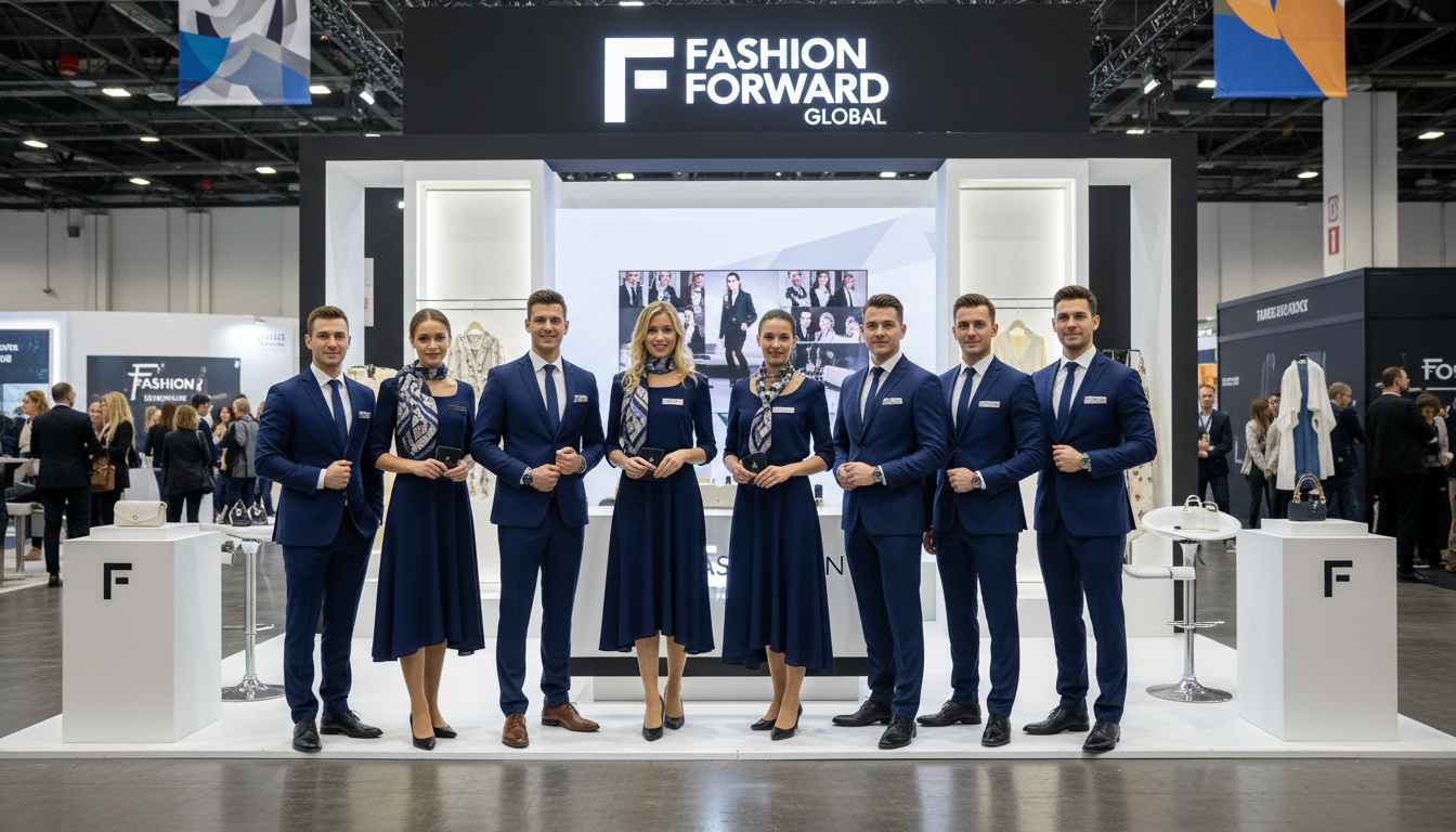 Well-dressed event staff at a fashion industry trade show booth