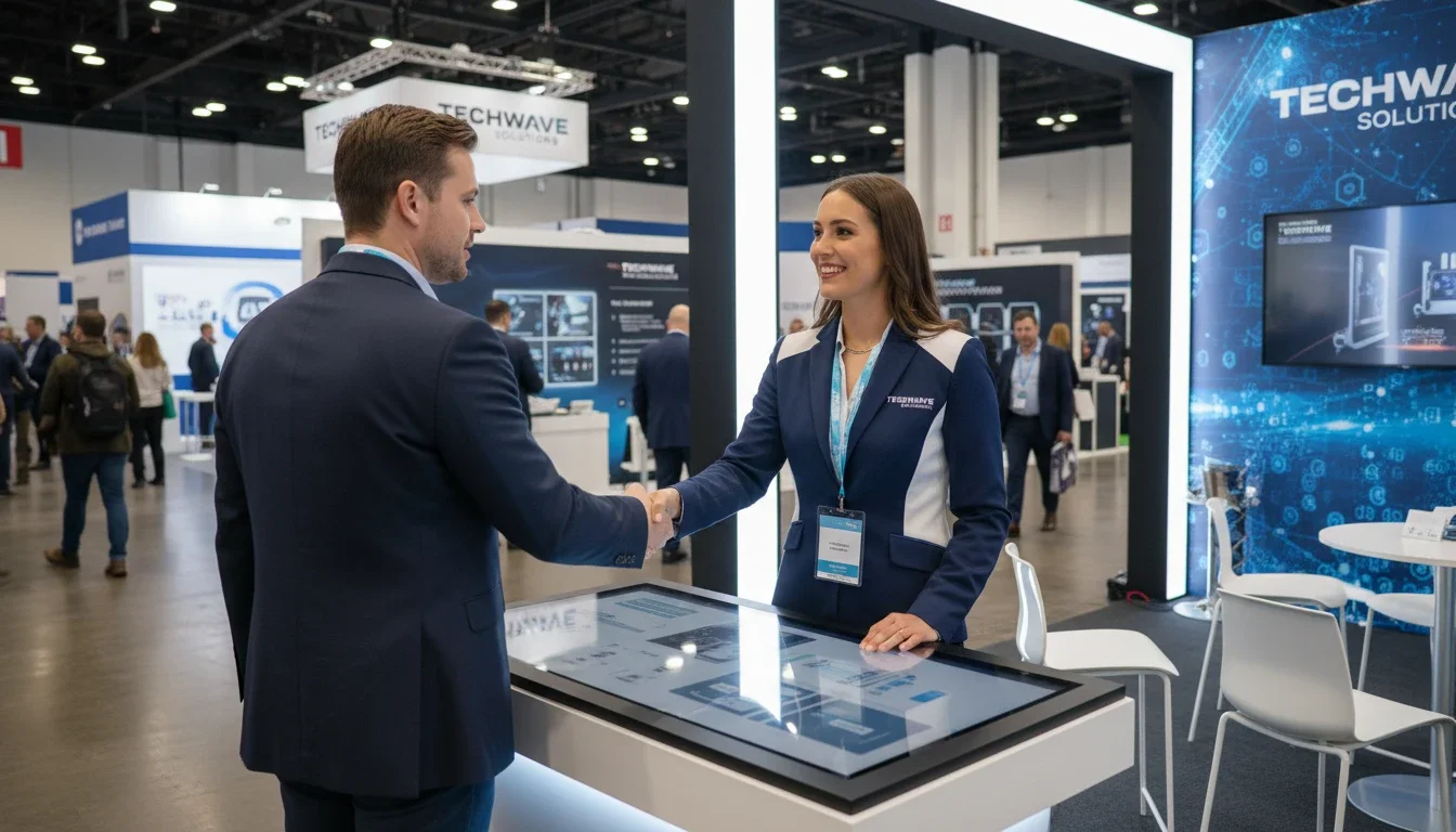 Brand ambassador in branded attire greeting a trade show attendee at a booth