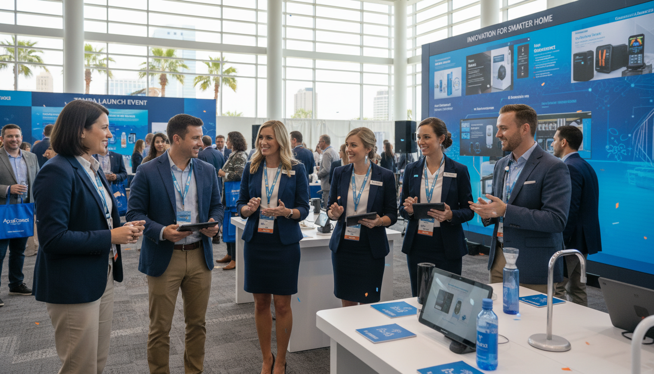Brand ambassador team at a Tampa product launch event, all professionally dressed and engaged