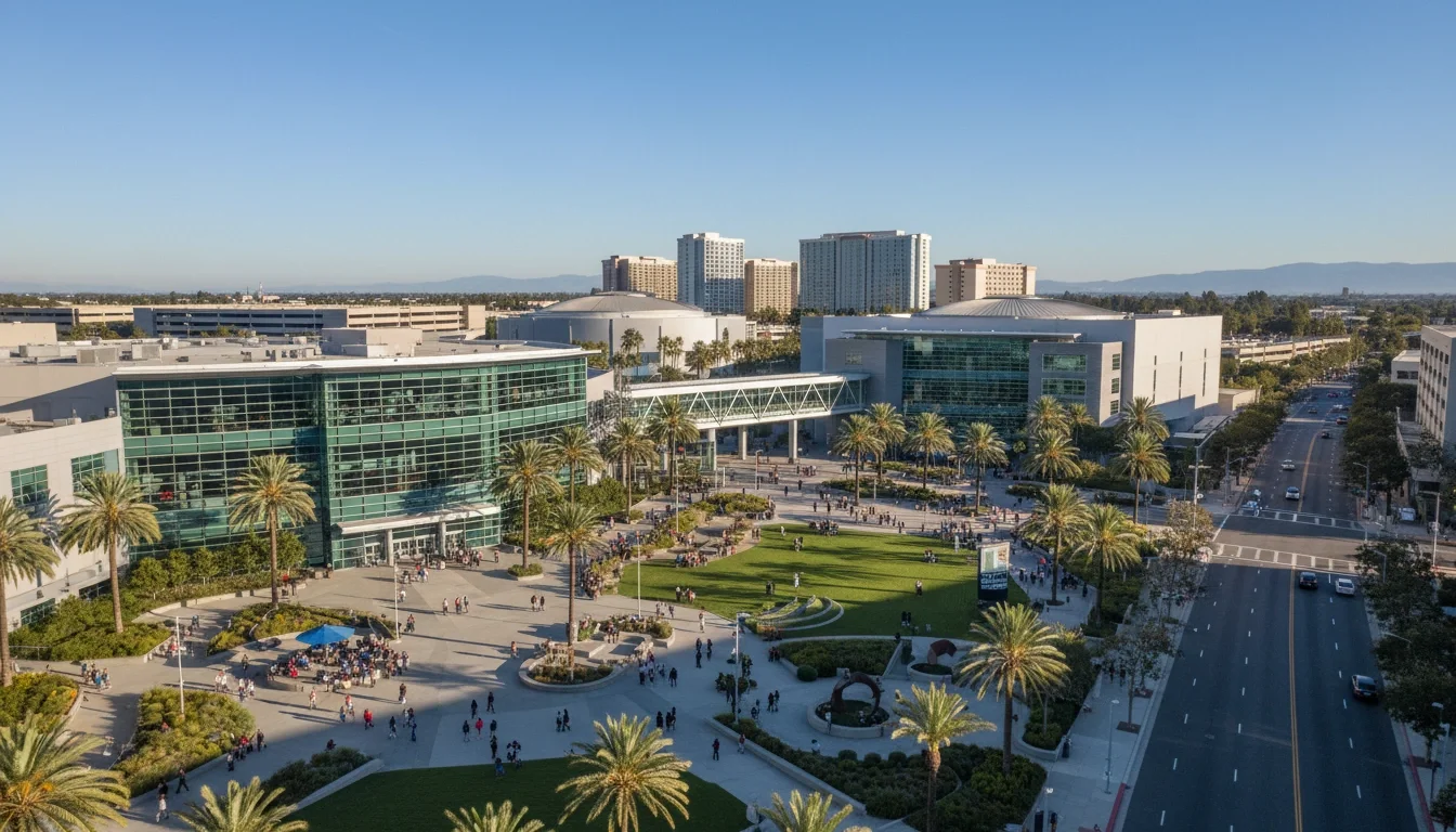 Aerial view of Anaheim Convention Center and surrounding event venues in Orange County California