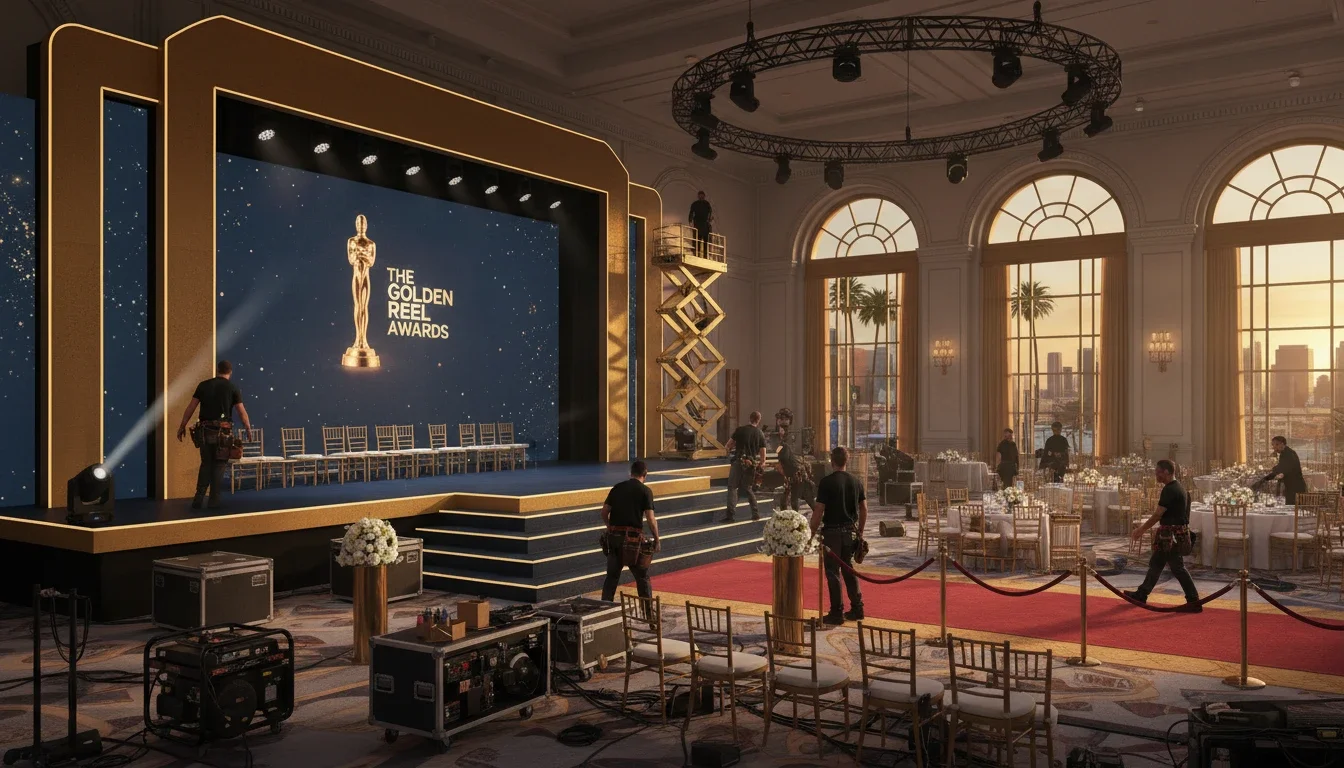 Event production assistants setting up for an awards ceremony in Los Angeles