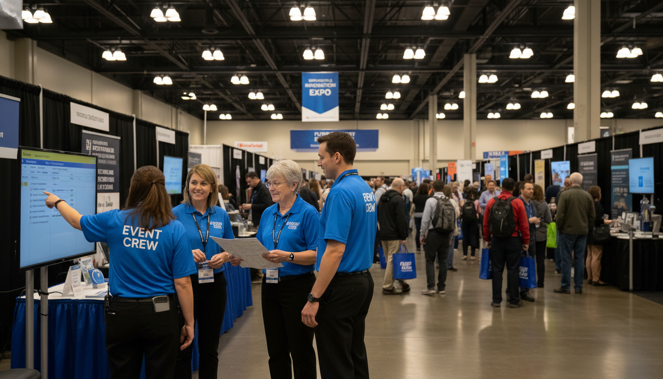 Event staff professionals at a busy trade show floor in Minneapolis